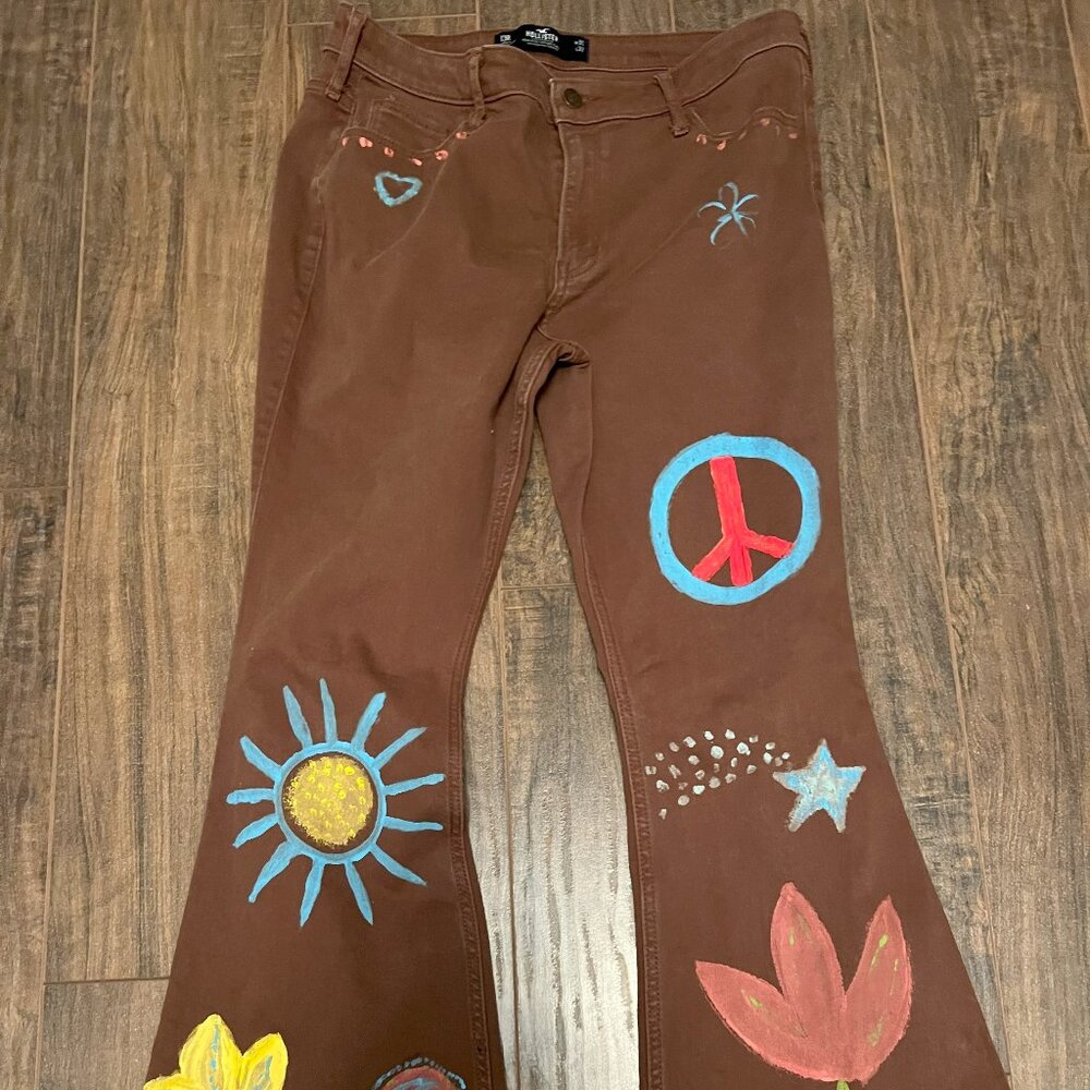 Hollister painted brown jeans high rise vintage flair size 13